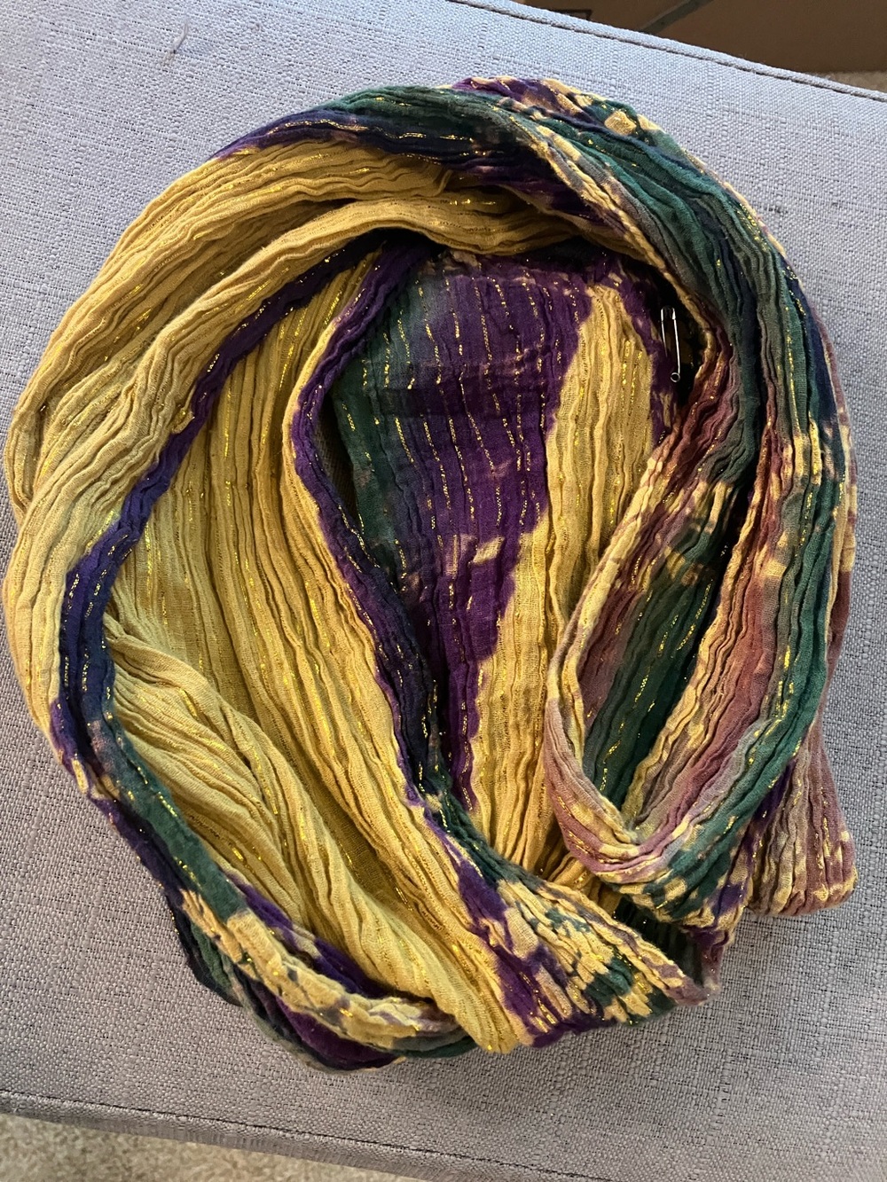 Yellow, Purple & Green Crinkle Scarf with Metallic Threading 13X66